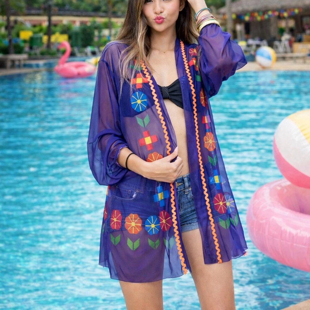 Palmera Nicte Sheer Swimsuit Cover Up Tunic Sapphire Blue Floral Size M NWT
